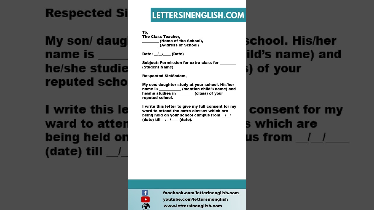 Permission Letter from Parents to Teacher for Extra Class