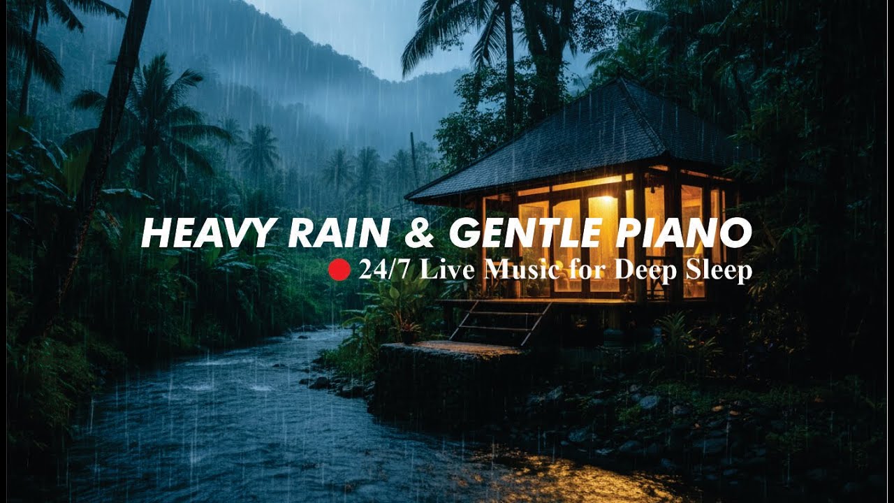 Heavy Rain & Gentle Piano 🌧️ 🌙 24/7 Live Music for Deep Sleep