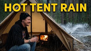 Off-Grid Hot Tent Camping in HEAVY RAIN