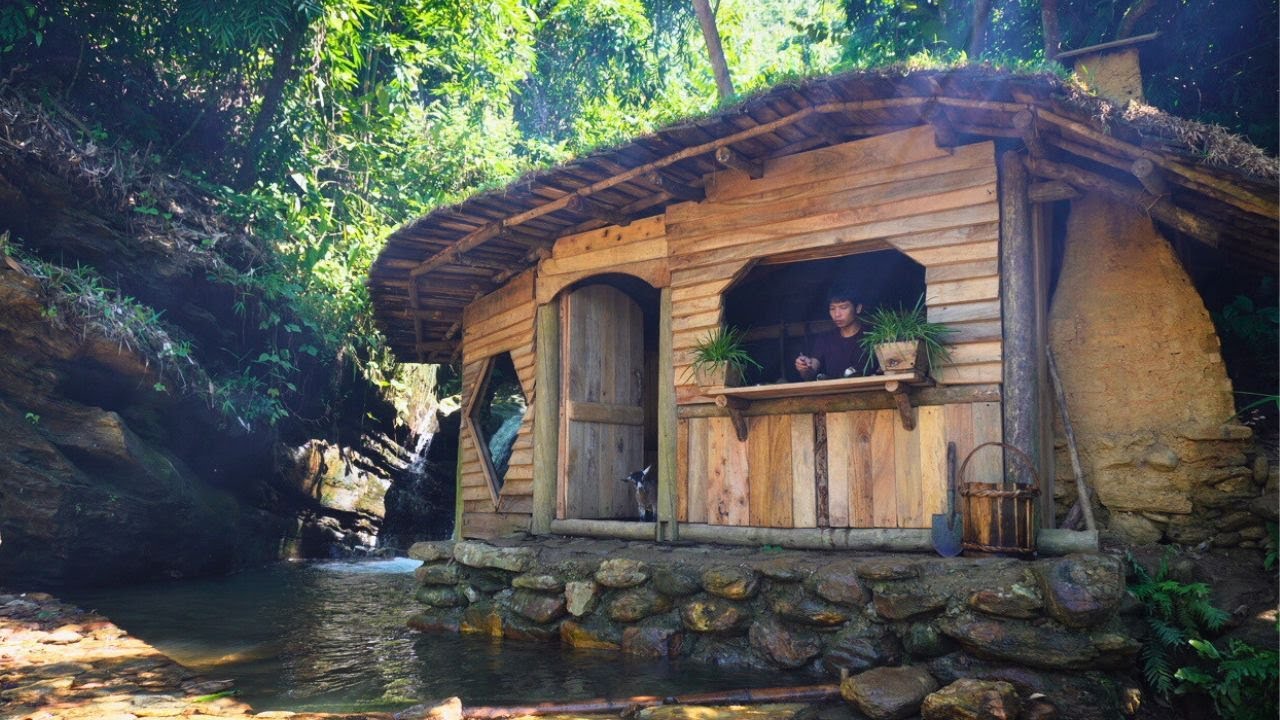 Building a Bushcraft House by Waterfall | Making Curtains and Raising Shellfish