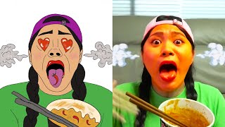 COMPARISON - Mukbang Fire Spicy Noodle 불닭볶음면 먹방 DONA vs Dona Animation
