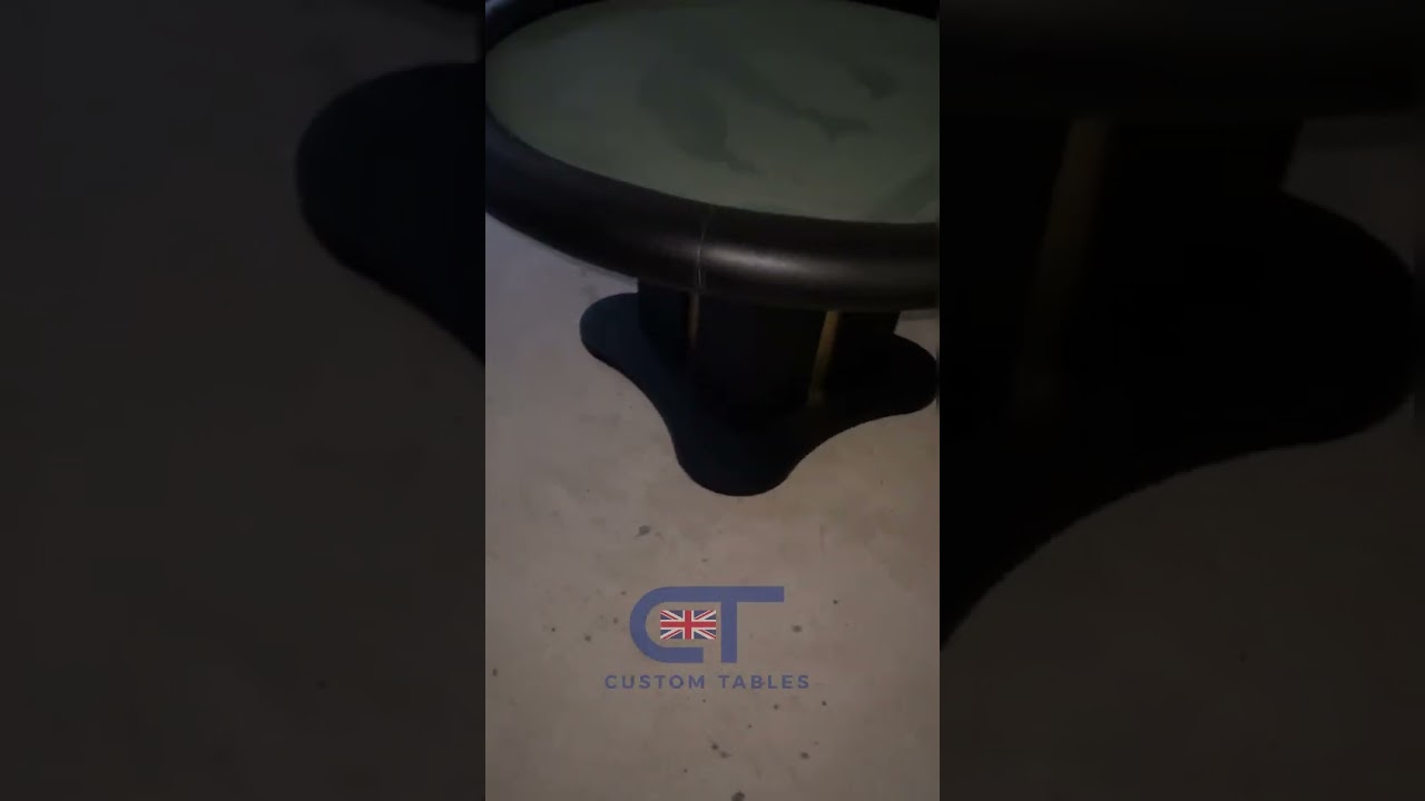 Round poker table for up to 8 players custom made with black leather and leather leg 