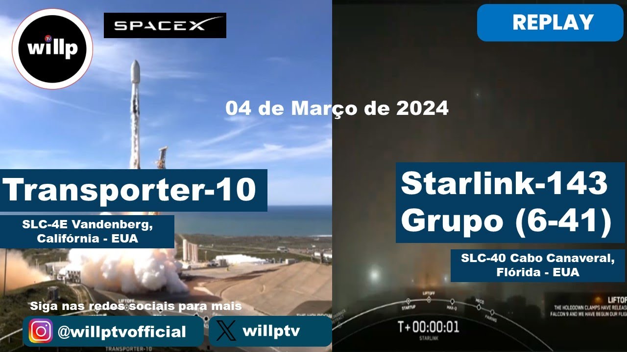 Transporter 10 MISSÃO TRANSPORTER-10 + STARLINK - 143 (6-41) | SPACEX - YouTube