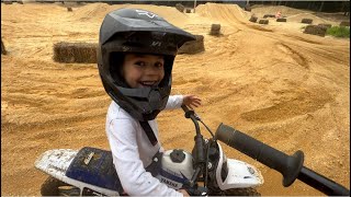 Riding Pw50 and Stacyc 12” on mini motocross track practice day 5 follow cam