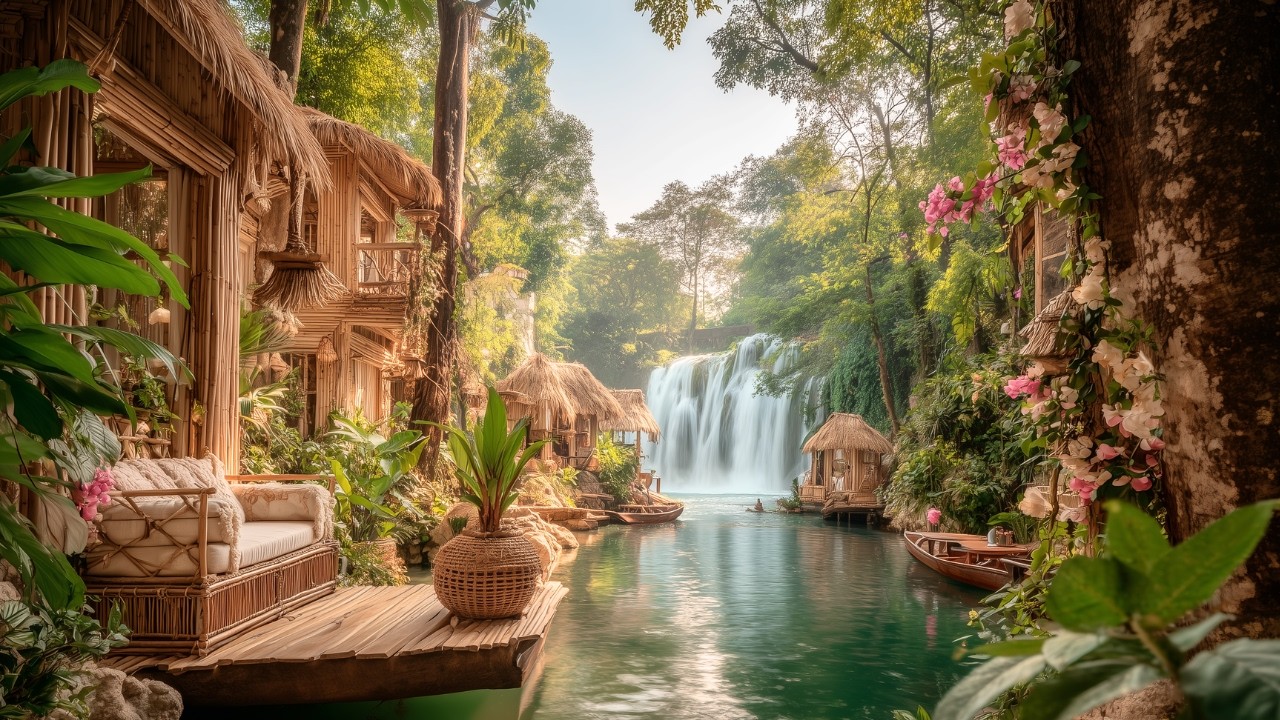Bamboo Riverside Retreat | Waterfall Sounds & Forest Birds for Focus and Calm 🌿