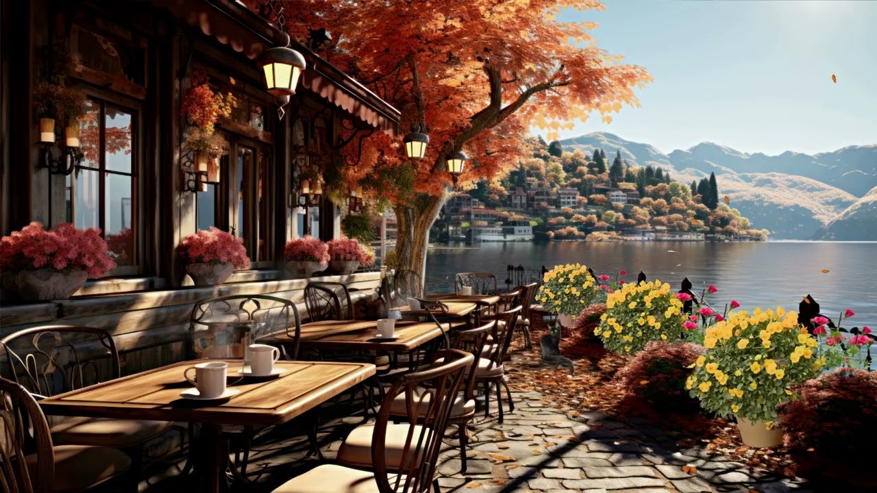 Hello Fall 🍁 | Cozy Café by the Water with Jazz Music, Autumn Leaves & Butterflies | Fall Ambience