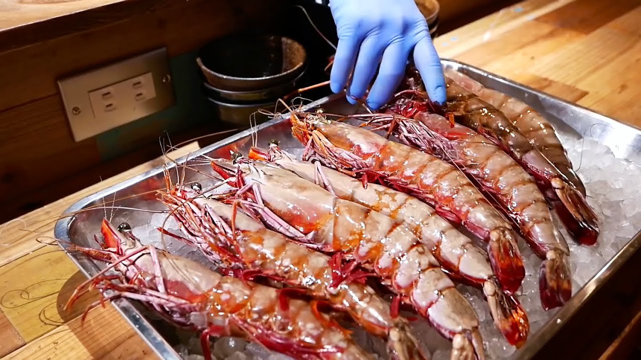 Japanese Food - GIANT TIGER PRAWN and KUROBUTA PORK STEAK Okinawa Seafood Japan