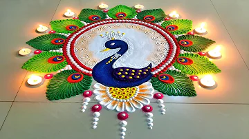Beautiful Peacock Rangoli | Simple & Easy Rangoli Design | Peacock Rangoli Kolam | Rangoli by Kaveri