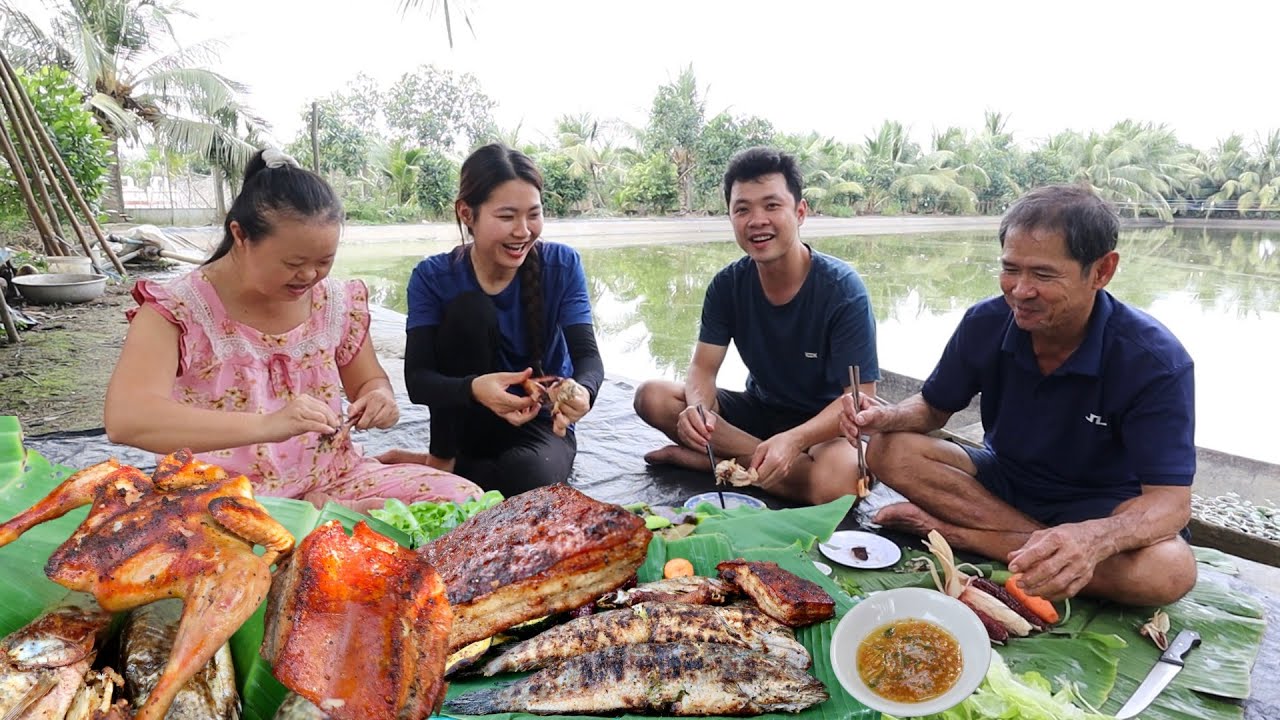 GÀ NHÀ, CÁ, BA RỌI NƯỚNG THAN buổi trưa miệt vườn của mấy cha con