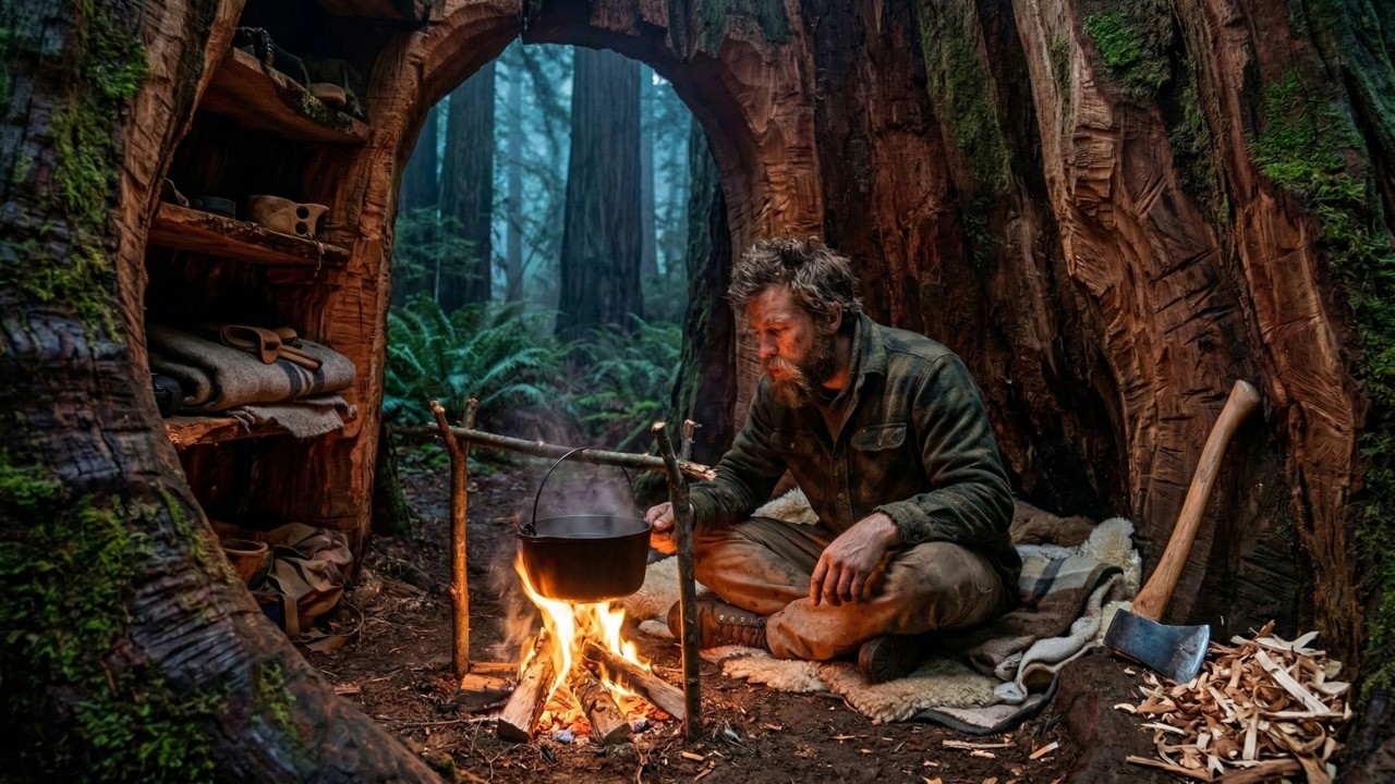 Dream Mini House Inside a Tree Trunk By Himself (ASMR)