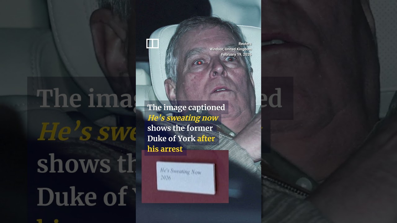 Activists hang post-arrest picture of former British prince Andrew at the Louvre