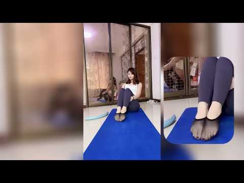 asian girl yoga in pantyhose feet legging