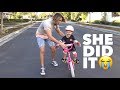 Teaching everleigh how to ride her bike for the first time no training wheels