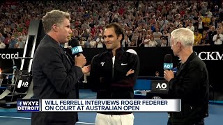 Will Ferrell interviews Roger Federer on court at Australian Open