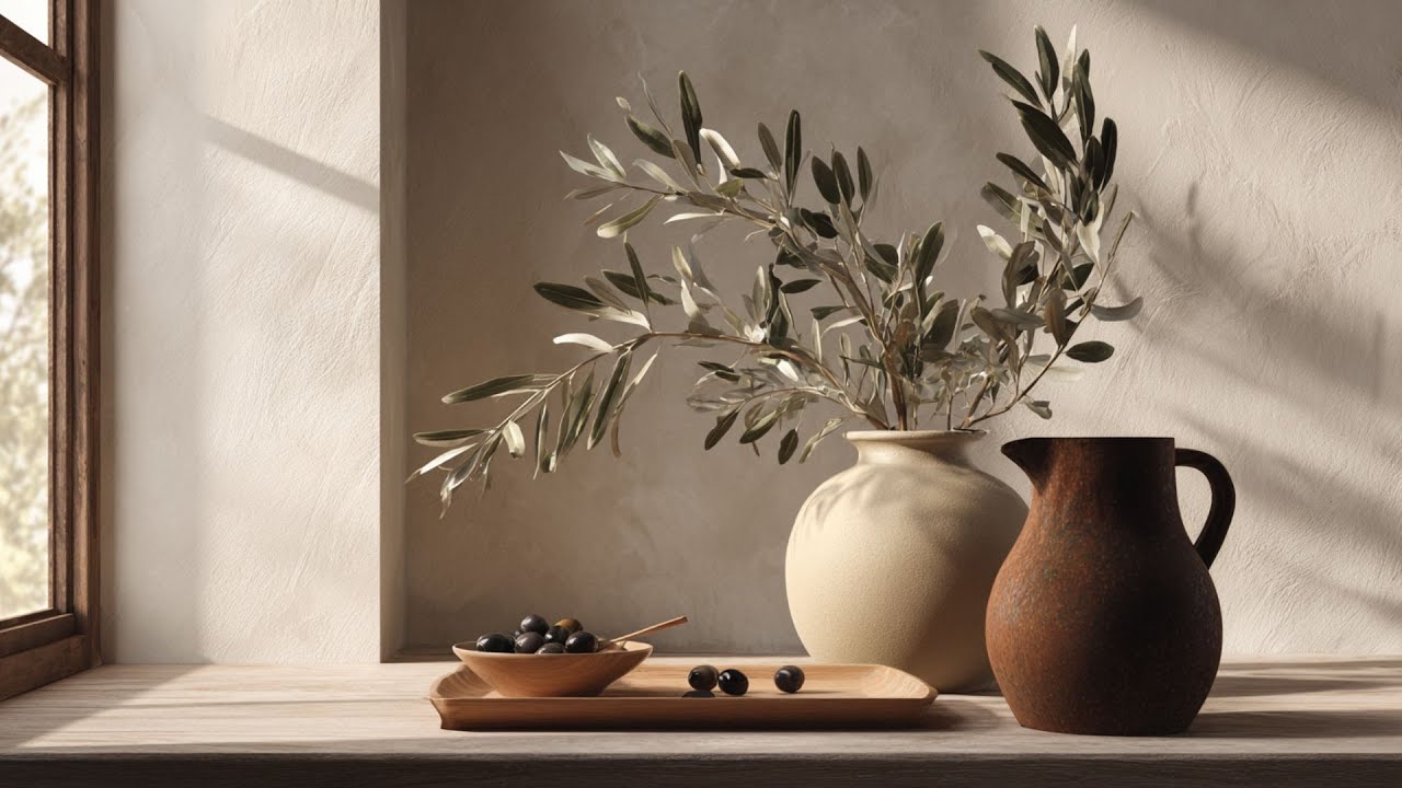 Olive Branches Still Life in Calm Neutral Tones Minimalist Frame TV Art Screensaver