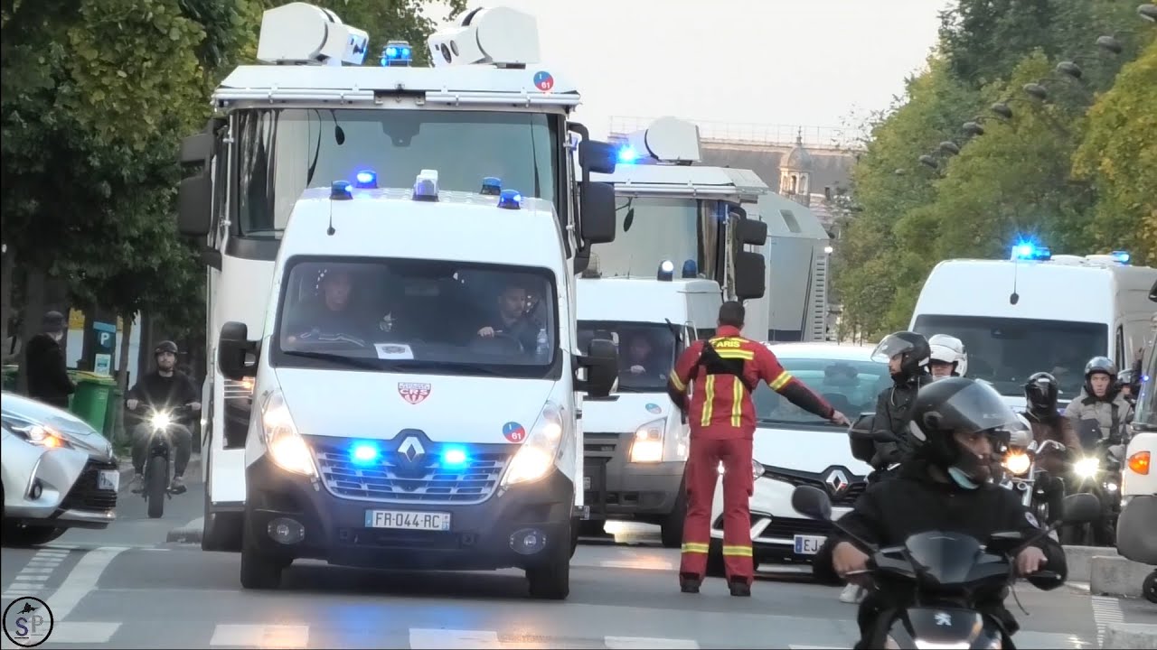 Enorme convoi de la police à Paris , fourgonnettes ,canons à eau