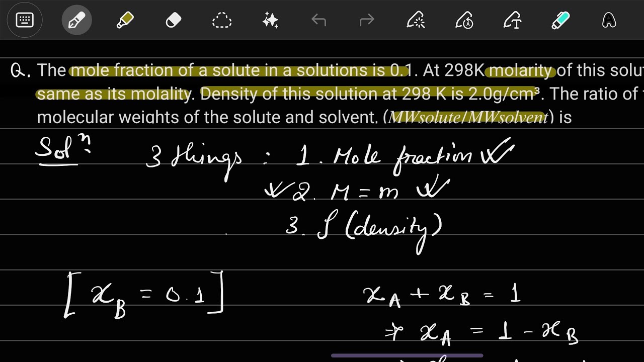 Mole fraction is 0.1, molarity equals molality & density is 2, find out ration of MWsolute/MWsolvent