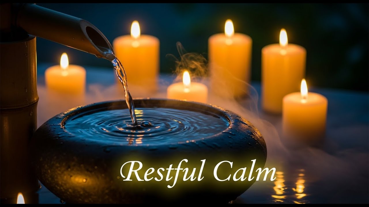 Tranquil Zen River Peace Bamboo Fountain and Candle Glow for Healing Sleep Meditation Serenity