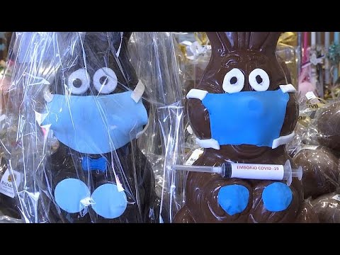 Masked chocolate bunnies fill pastry shop in Athens