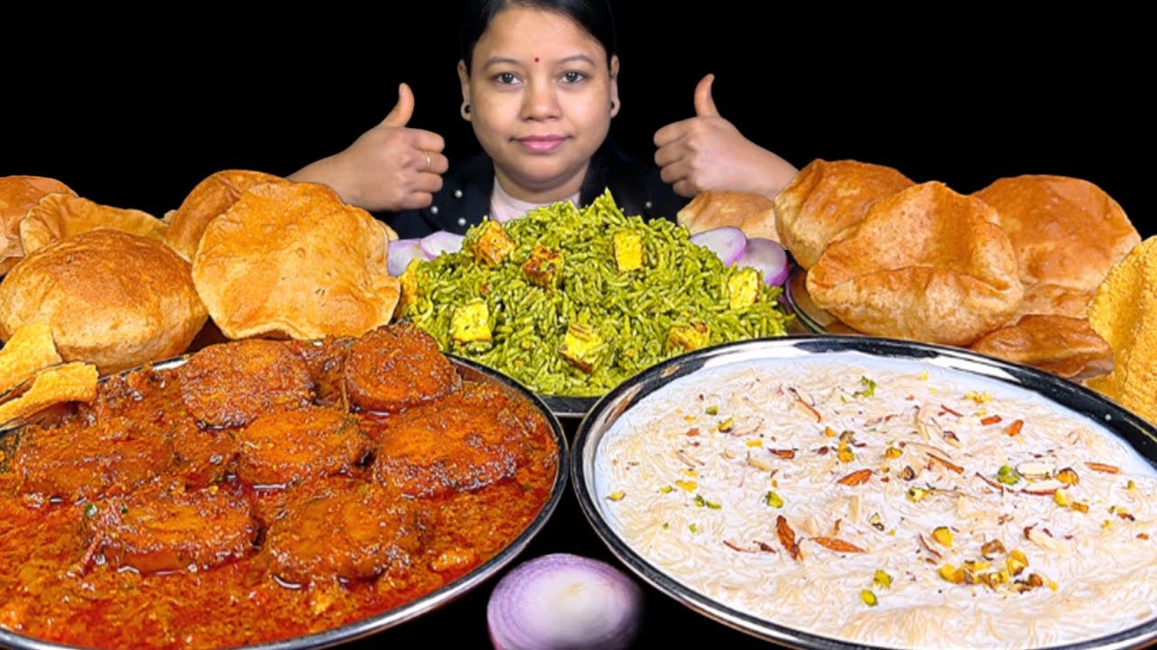 EATING PALAK PANEER PULAO WITH SPICY DUM ALOO, LUCHI/PURI & SEVAI KHEER | EATING SHOW | ASMR MUKBANG