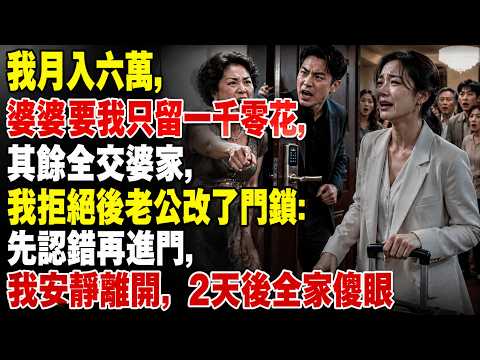 我月入六萬，婆婆要我只留一千零花，其餘全交婆家，我拒絕後老公改了門鎖：先認錯再進門，我安靜離開，2天後全家傻眼 【完結版爽文】#情感故事 #婆媳關係 #家庭關係   #夫妻 #逆襲 #打臉 #反轉
