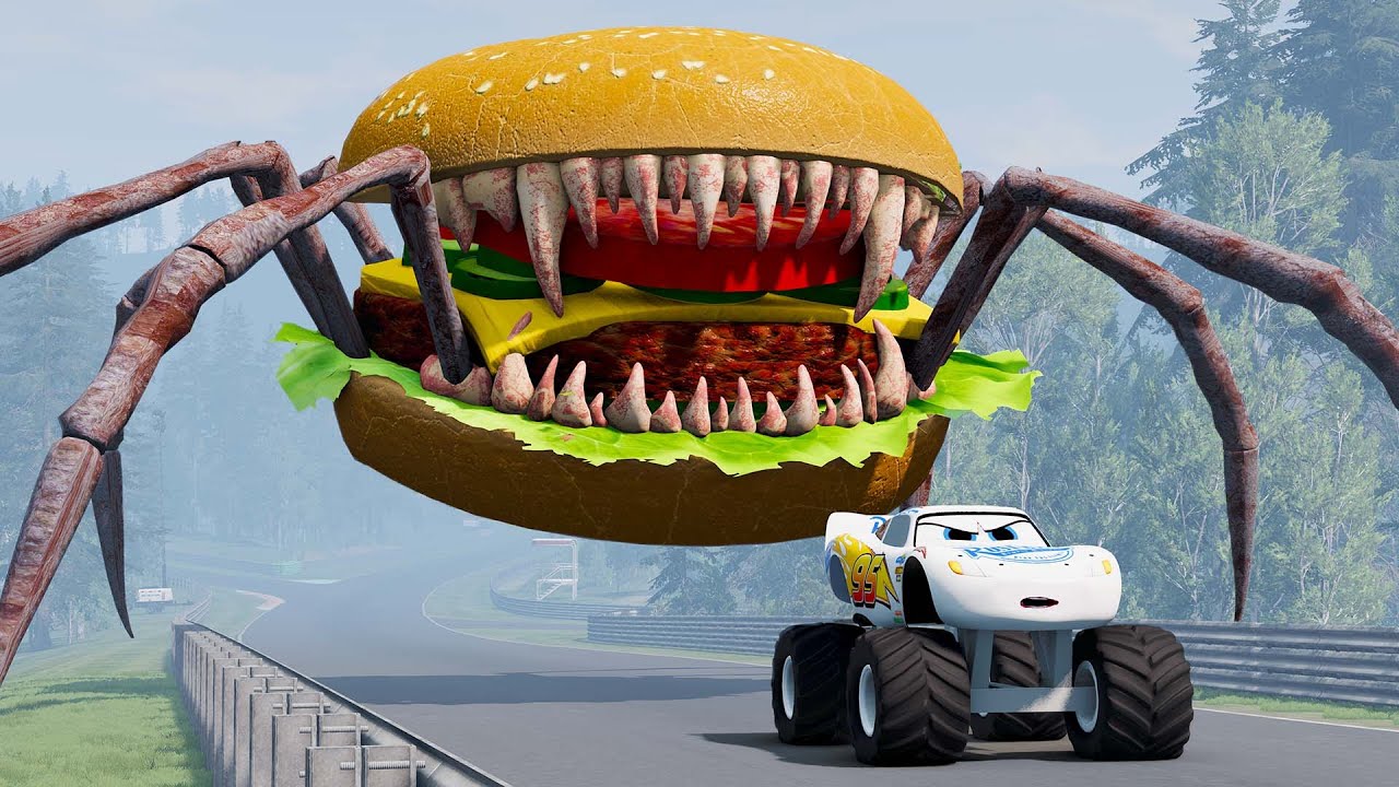 Epic escape from Lightning McQueen Eater, Mater Spider Eater, Burger Eater | BeamNG.Drive