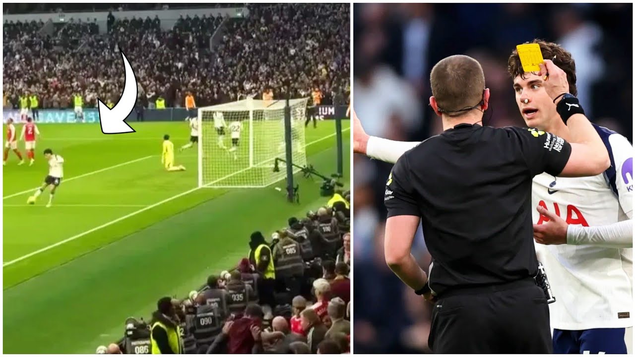 Archie Gray kicks ball toward Arsenal fans in Tottenham vs Arsenal ...