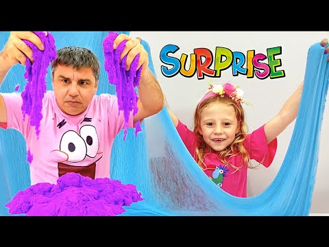 Nastya ve baba renkli sürpriz yumurtalarla oynuyormuş gibi yapıyor