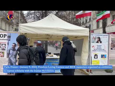 Paris—January 9, 2024: MEK supporters held an exhibition in solidarity with the Iranian Revolution.