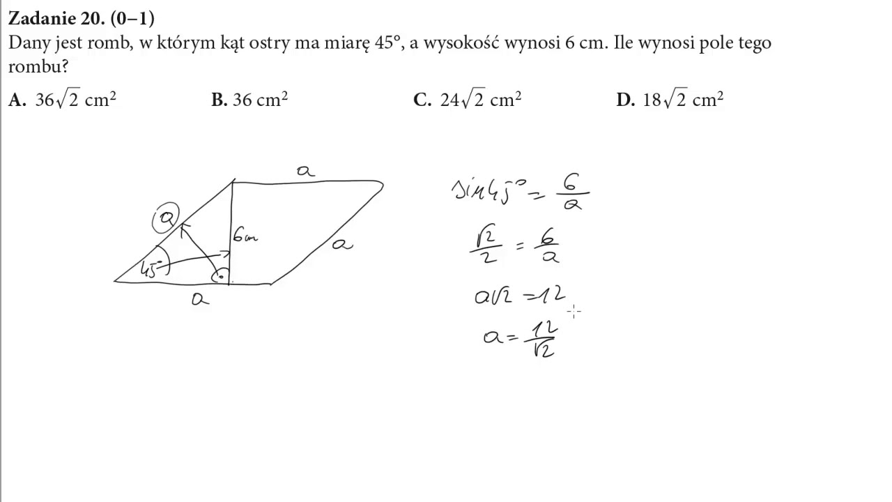 20-dany-jest-romb-w-kt-rym-k-t-ostry-ma-miar-45-a-wysoko-wynosi