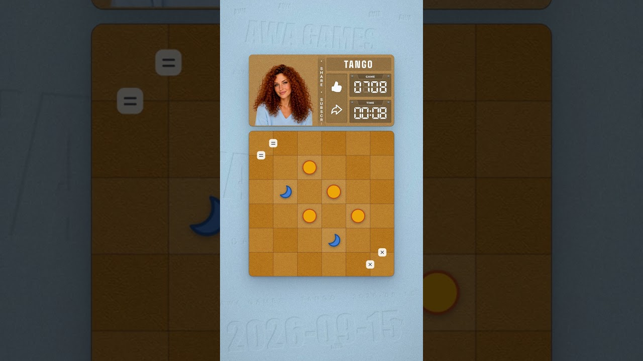 LinkedIn Tango #708 solved board for September 15, 2026, 6x6 grid