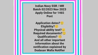 Jobs! Jobs! Jobs! Indian Navy SSR / MR Batch apply for 1465 Post whole notification explained 😇😎