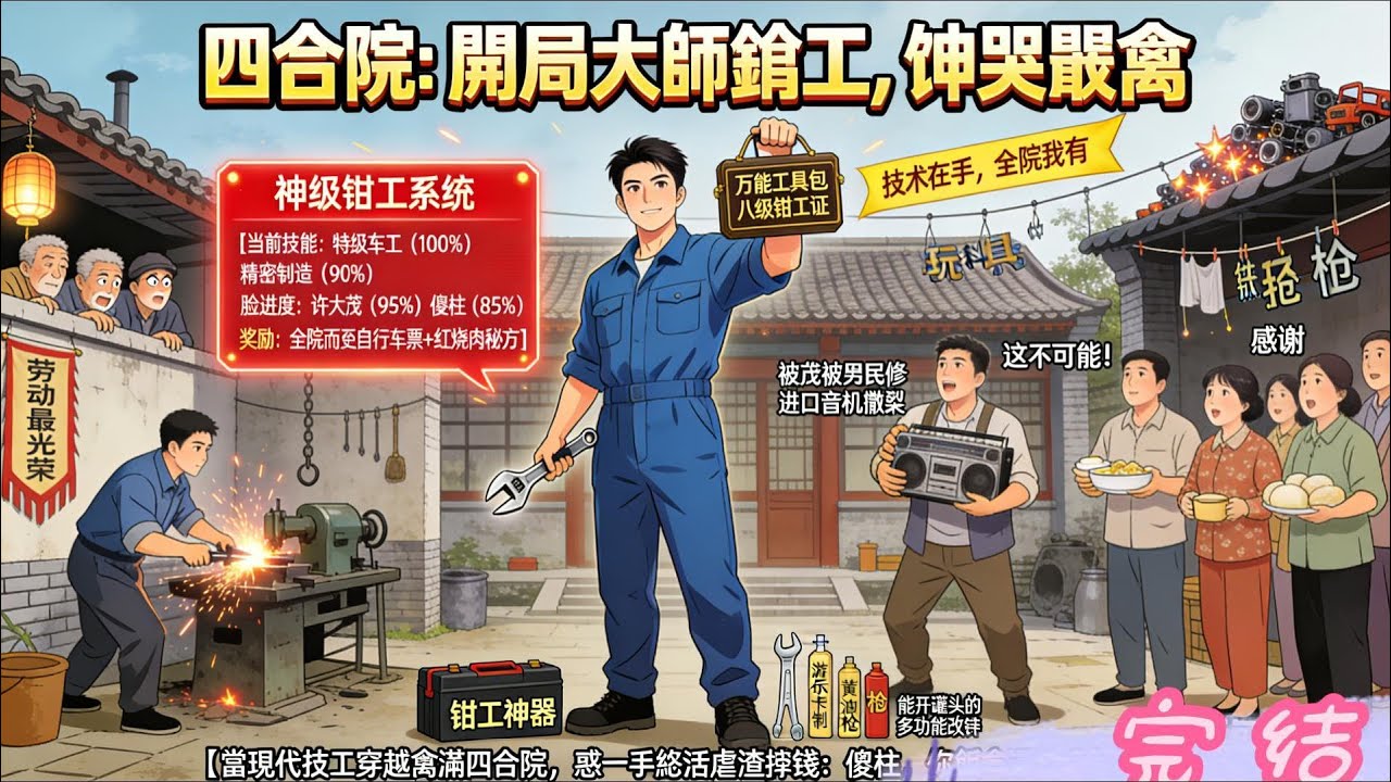 【四合院：开局大师钳工，馋哭众禽】他，一个年薪百万的机械总工程师，竟然在一次熬夜画图后，穿越到了这个叫情满四合院的电视剧世界里。