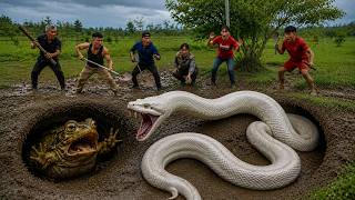 Hunter and Pitbulls Corner a Giant White Python Hiding in a Burrow