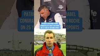 Patriots coach Mike Vrabel congratulates WBZ's Dan Roche on 25 years of covering sports