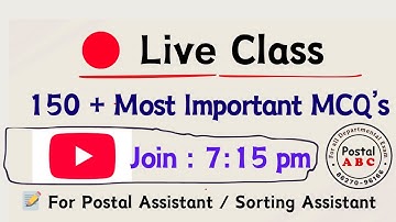 🔴Live Class || 150 + Most Important MCQ’s || 📝 For Postal Assistant / Sorting Assistant