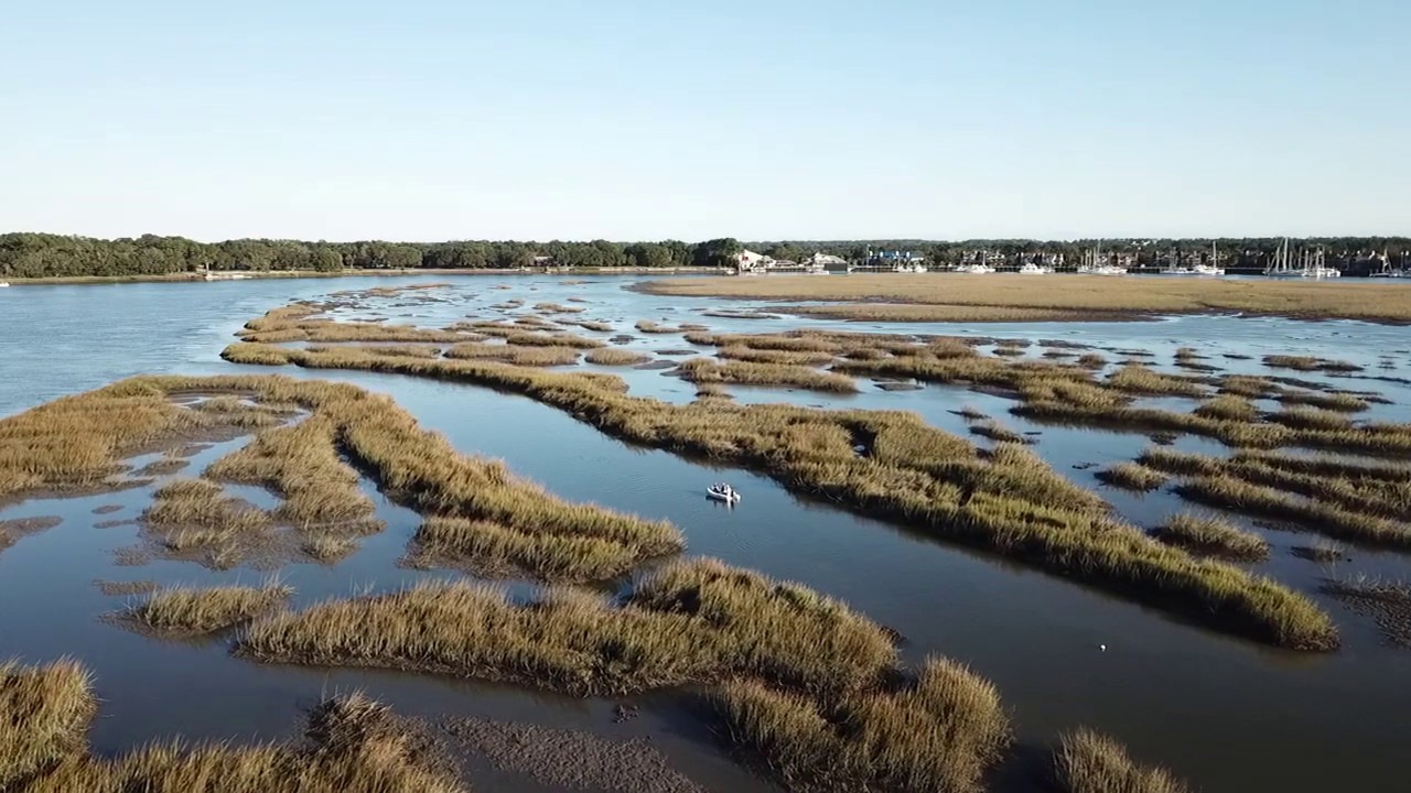 Drone aerial of marsh waters in  Bohicket Creek in SC – #SHORTS