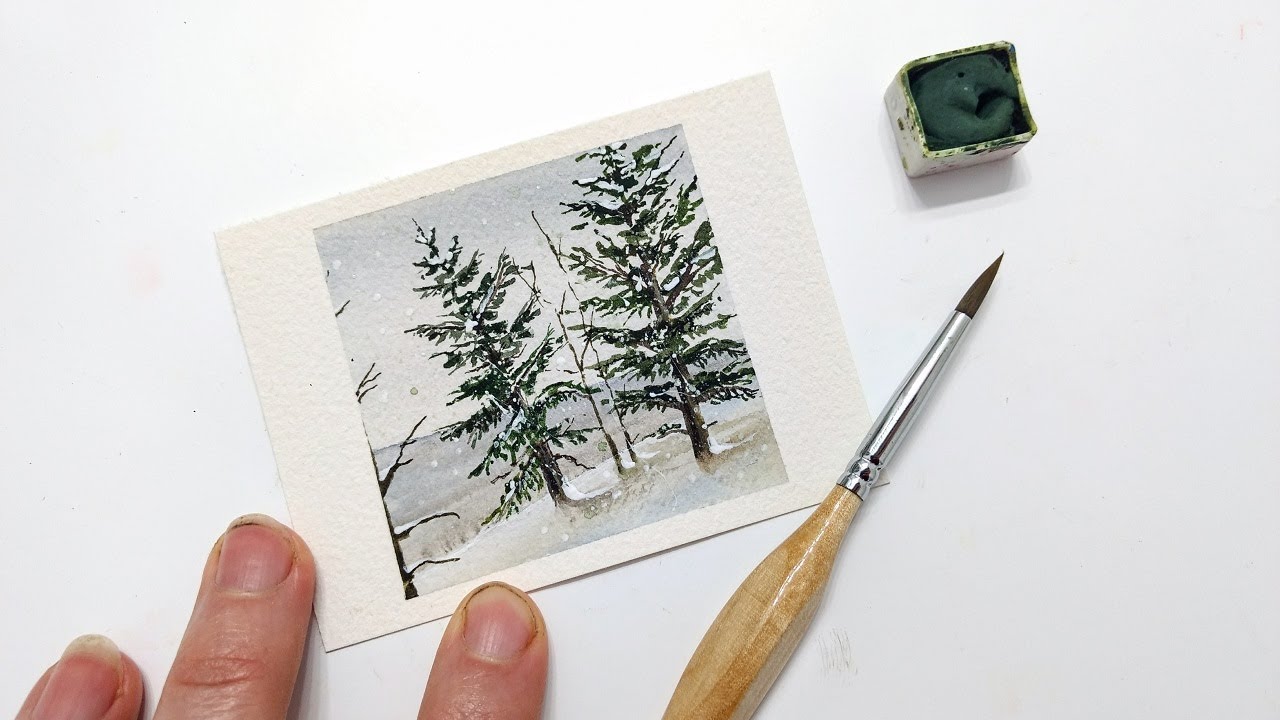 Watercolor WINTER pine tree landscape painting tutorial » Easy CARD ...