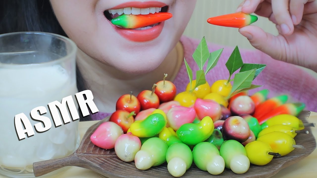ASMR MINI FRUIT-SHAPE MUNG BEAN DESSERT , SOFT CHEWY EATING SOUNDS | LINH-ASMR