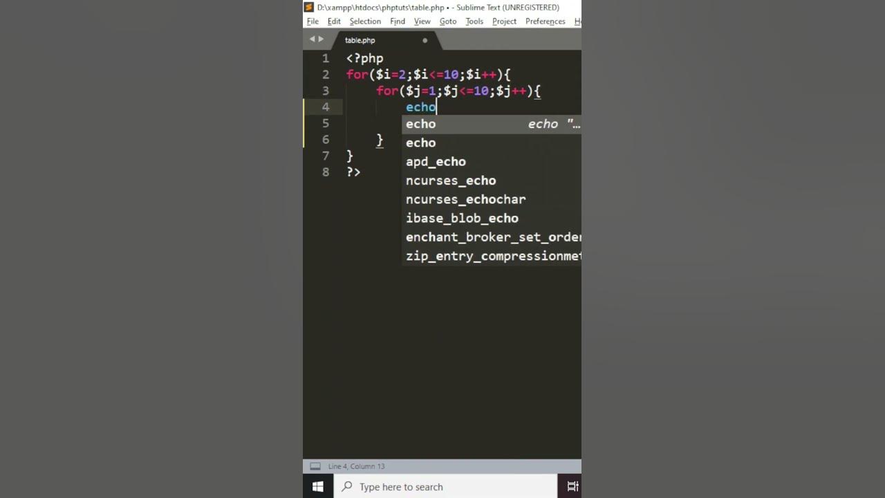 Php program to print table from 2 to 10 | Print table using php - YouTube