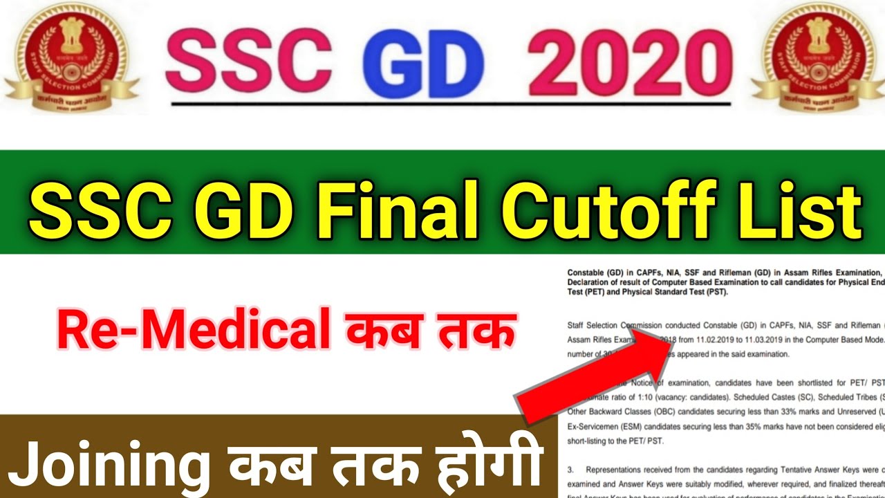 SSC GD Final Cutoff list 2019  SSC GD Final Cutoff Re Medical ssc gd final resultssc news today