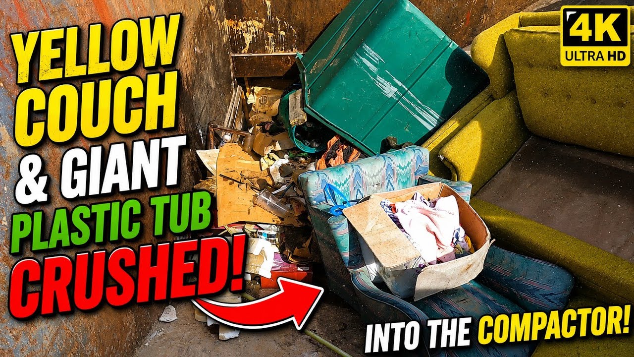 Yellow Couch & Giant Plastic Tub CRUSHED Into the Compactor! 🛋️💥 ...