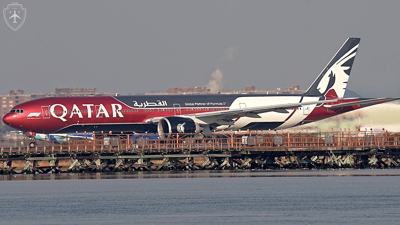 4K | Qatar Airways B777-300ER BRAND NEW FORMULA 1 LIVERY AT JFK