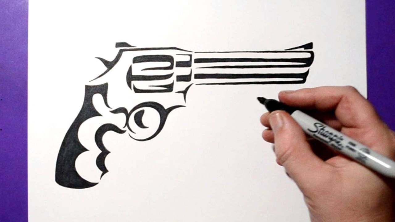 How to Draw a Gun (Revolver) - Tribal Abstract Tattoo Design Style