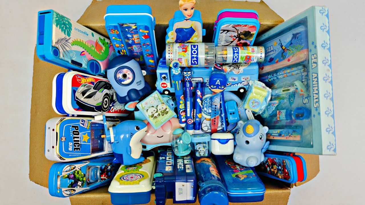 Box full of blue stationery collection - unicorn pencil sharpener, bus pencil box, multicolour pen
