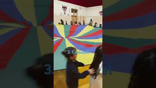 Here are a few parachute activities from the spring semester. Building teamwork while having fun