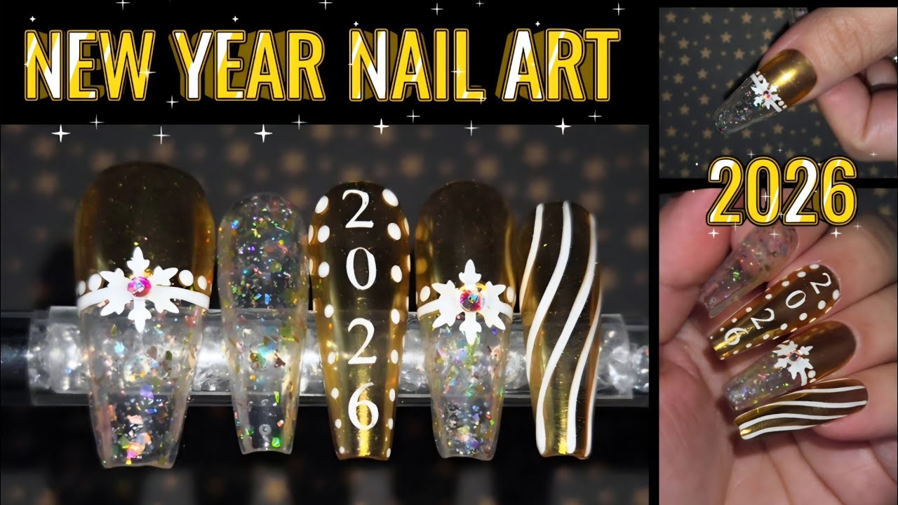 Gold New Years Nail Design / 2026 Nail Art / Nail Art Ideas / DIY Press On Nails