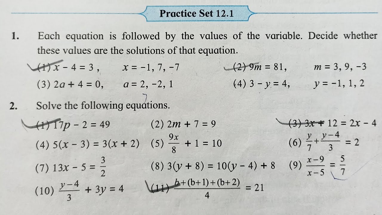 Class 8th Practice Set 12.1 Maths Equations in one variable Maharashtra ...