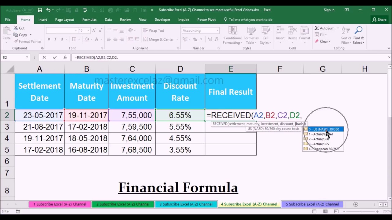 RECEIVED Financial Function With Example In MS Office Excel Spreadsheet 