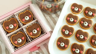 [Valentine's Day🎁] Easy and cute teddy bear chocolate pretzel recipe (wrapping tip)